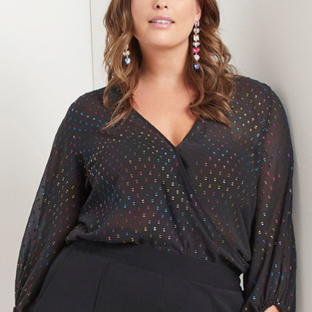 Eloquii rainbow swiss dot wrap top bodysuit